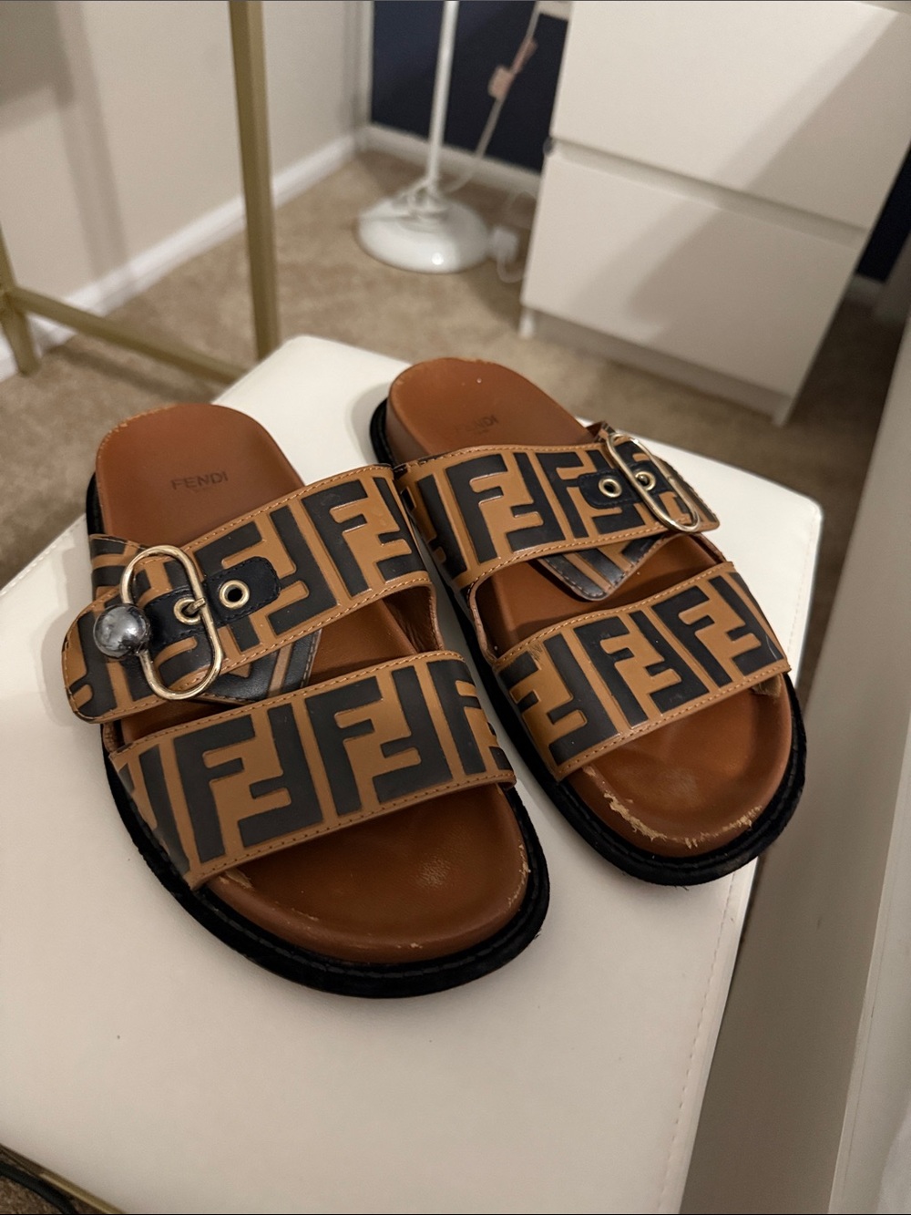 Fendi Tan and Black FF Logo Double Strap Slide Sandals - Picture 5 of 7